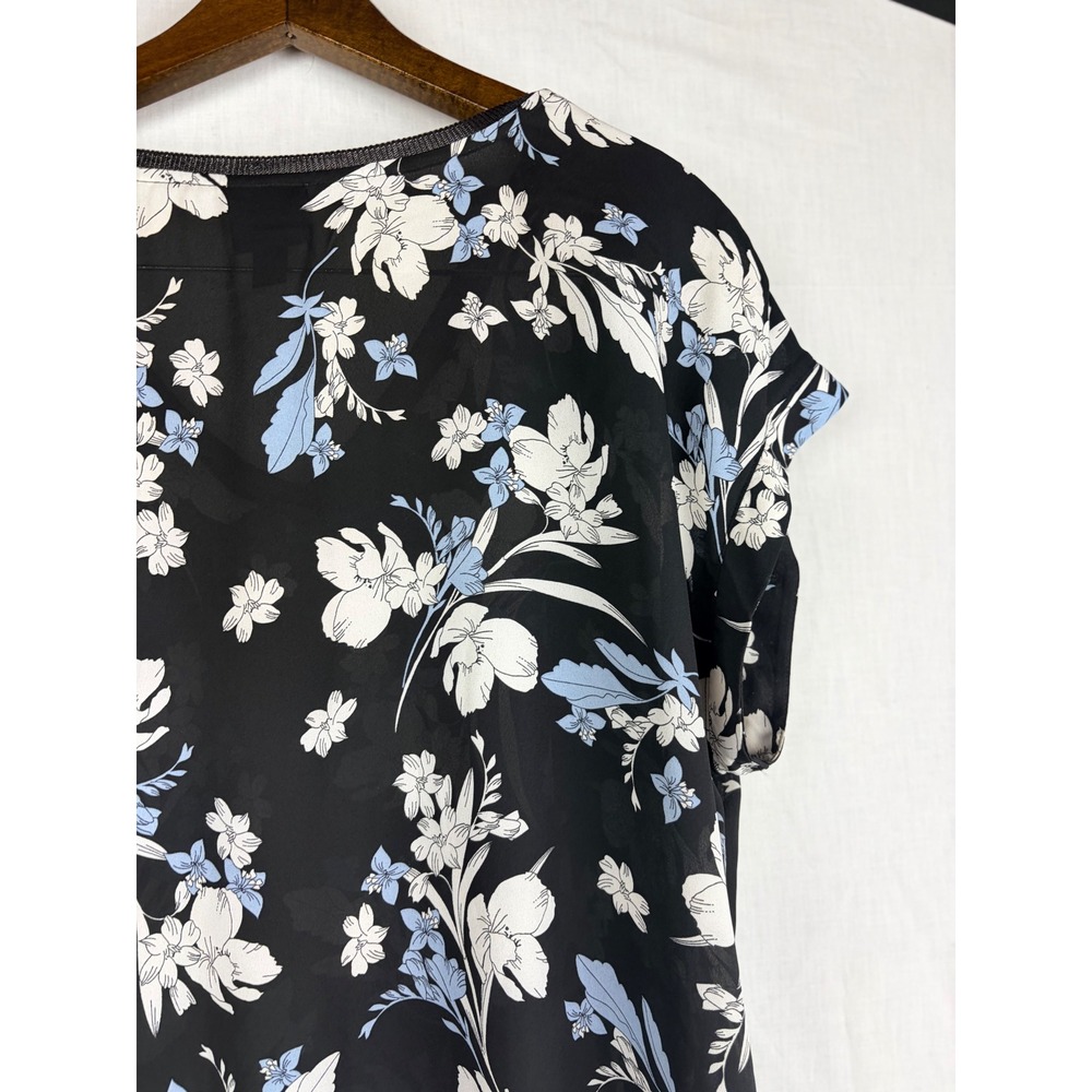 Worthington Black Floral V-Neck Short Sleeve Blouse XL Blue White Flower Print - Picture 11 of 13